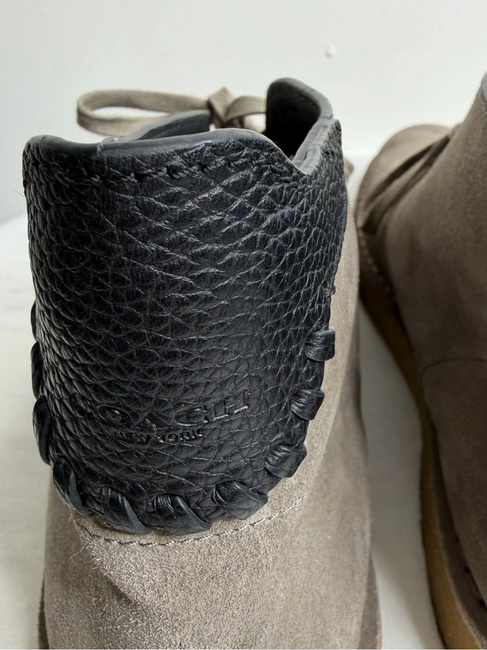 Coach Taupe Suede Chukka Boots with Black Heel Detail
